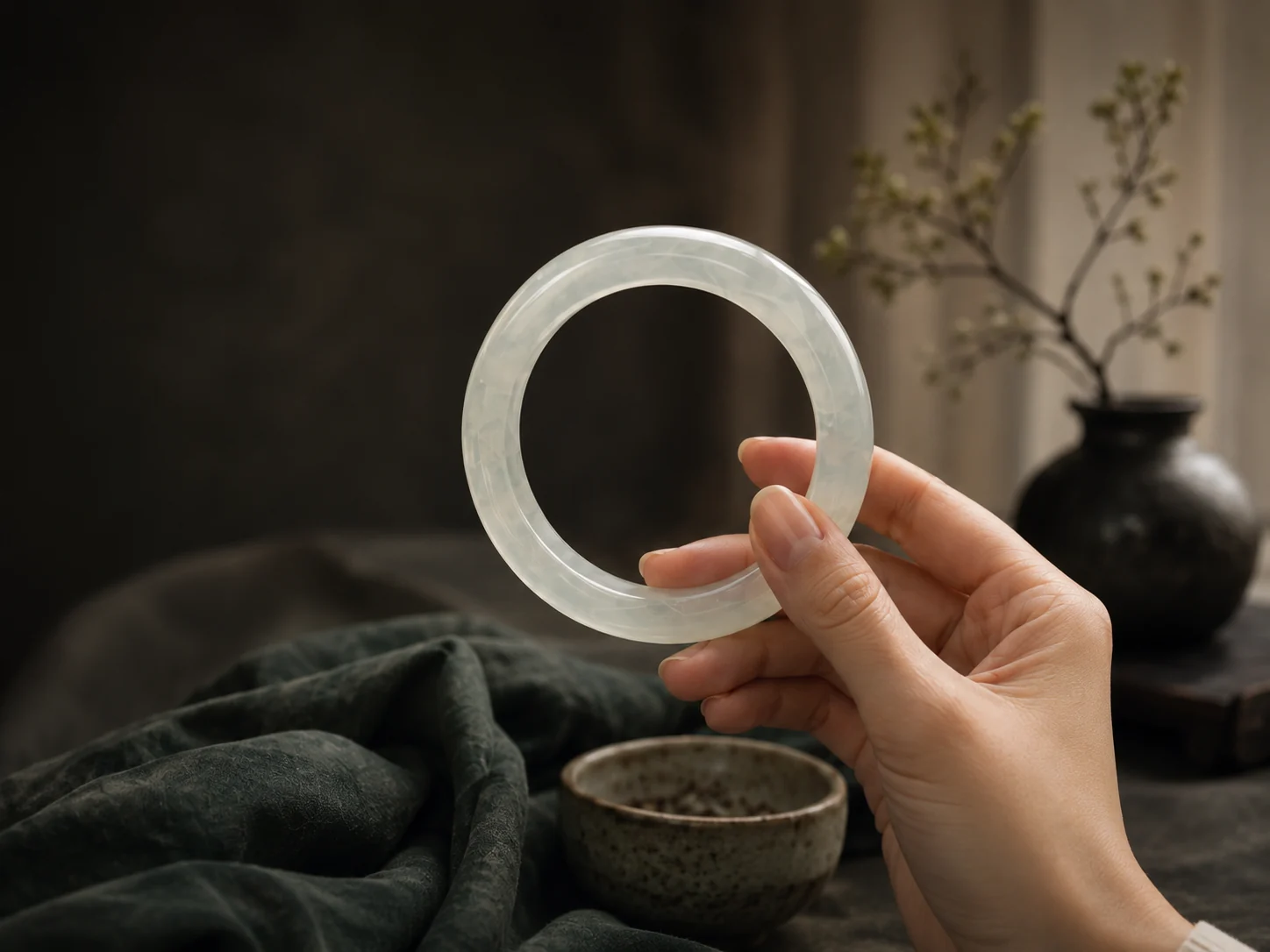 A translucent pale jade bangle held in warm interior light.