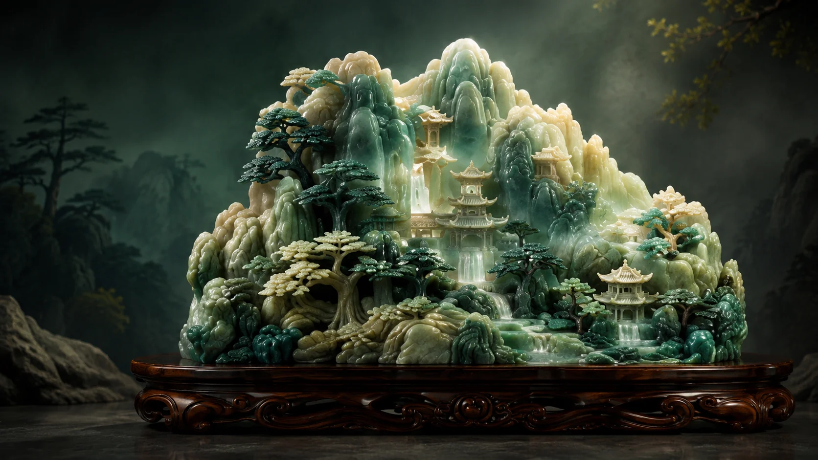 A monumental green jade landscape sculpture in cinematic light.