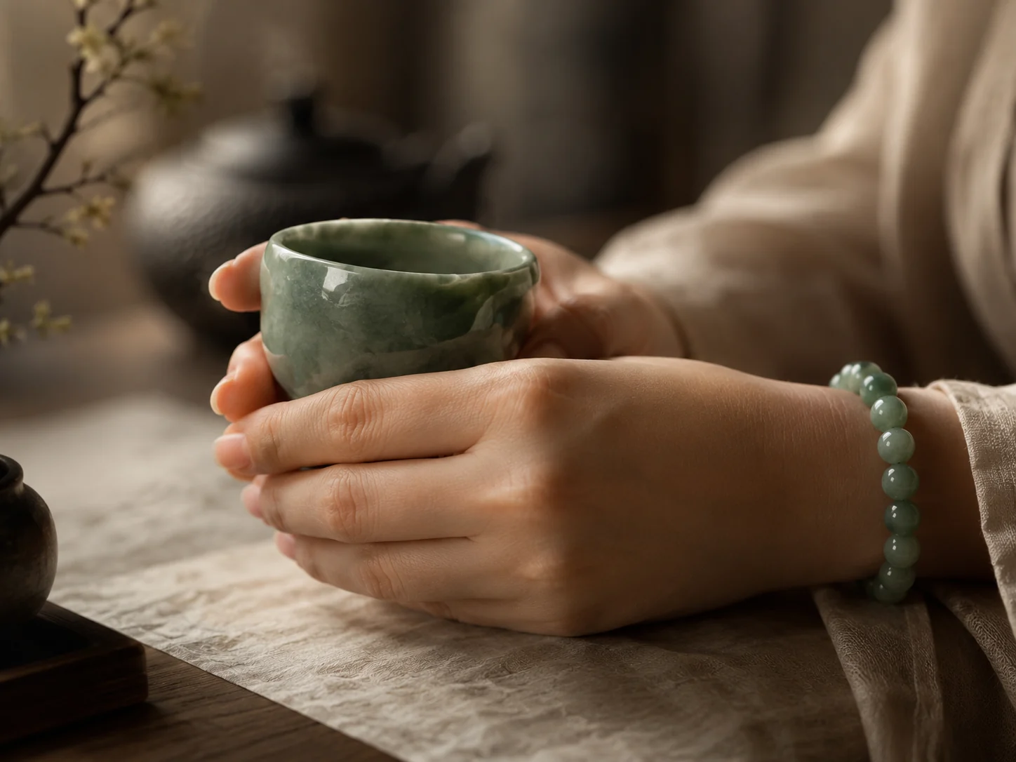 Hands holding a green jade cup beside a pale green bead bracelet.