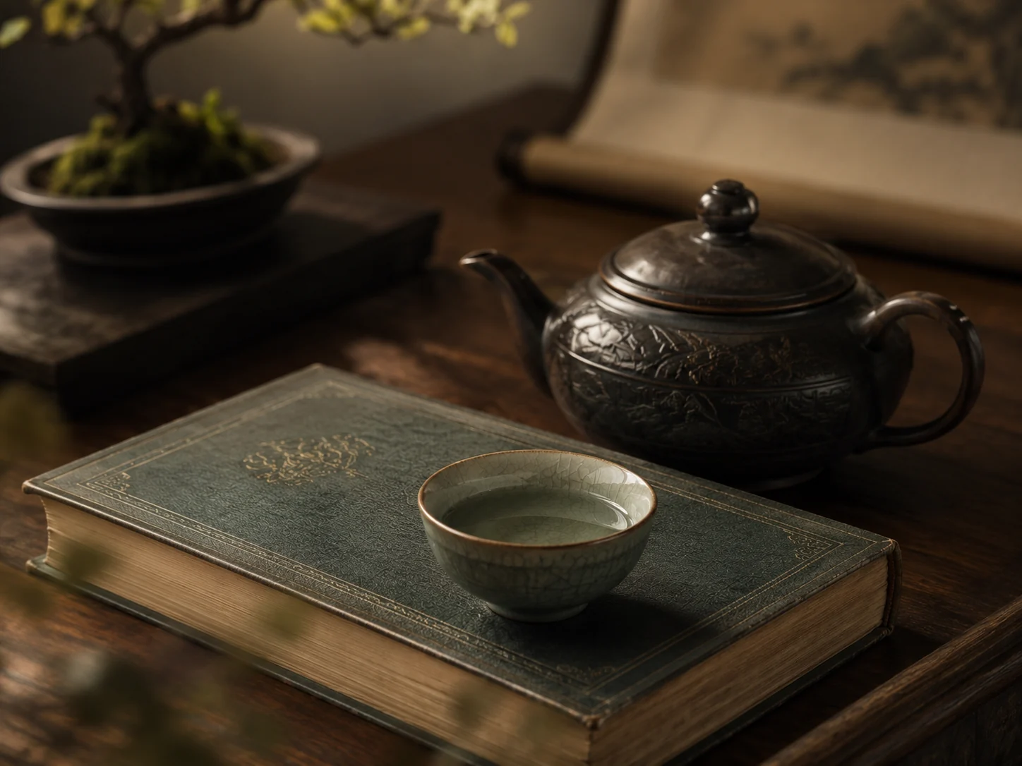 A quiet tea setting, book, and bonsai in warm interior light.