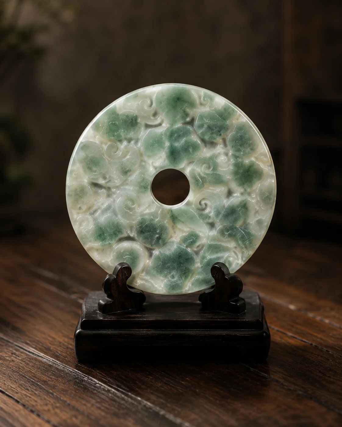 A carved circular jade disc presented on a dark wood stand.
