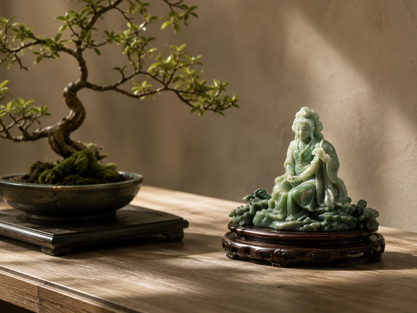 A green carved figure placed beside a bonsai in a quiet interior.