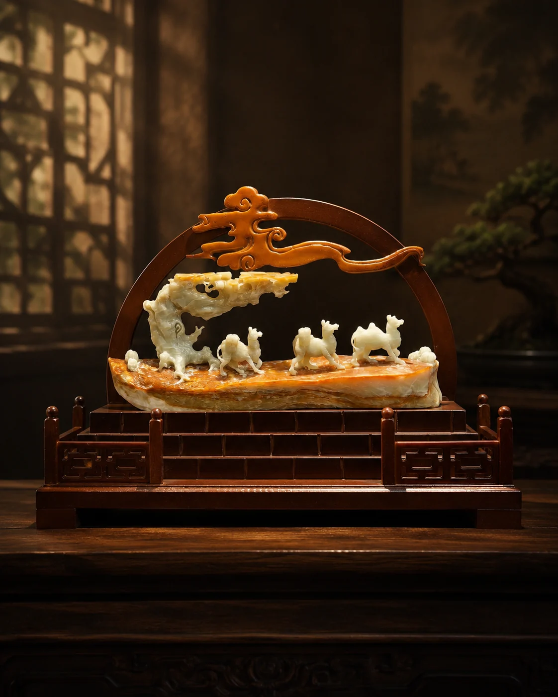 A jade horse sculpture displayed on a carved wood stand.
