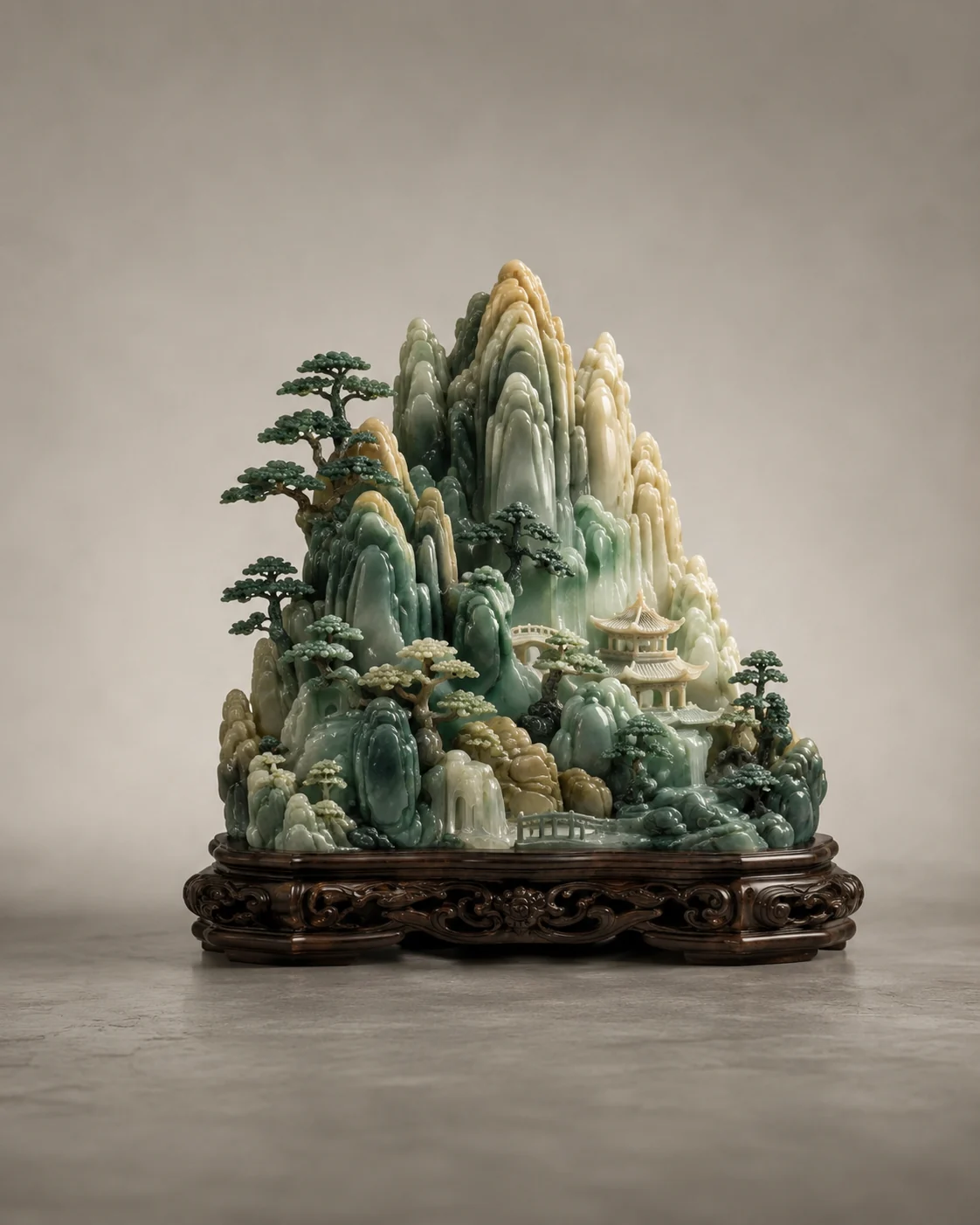 A carved jade mountain landscape presented as a collected object.